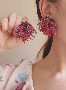 DD繁花系列/自制流苏手工串珠暗红色花球气质夏季彩色耳环耳夹
