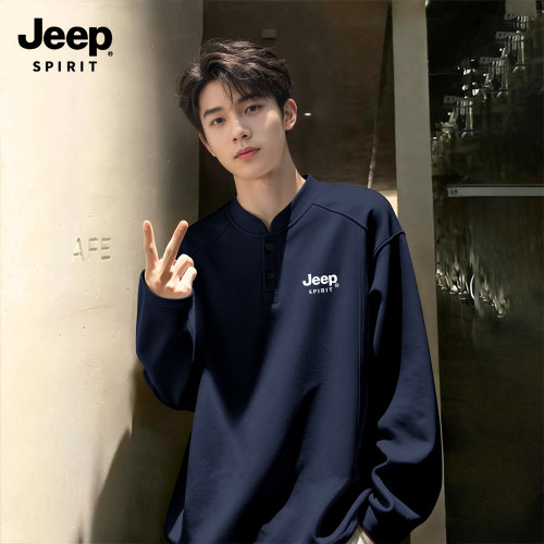 JEEP吉普亨利领长袖T恤男藏青