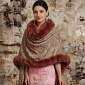 尼泊尔印度克什米尔手工羊毛狐狸毛领羊绒刺绣围巾披肩春冬款