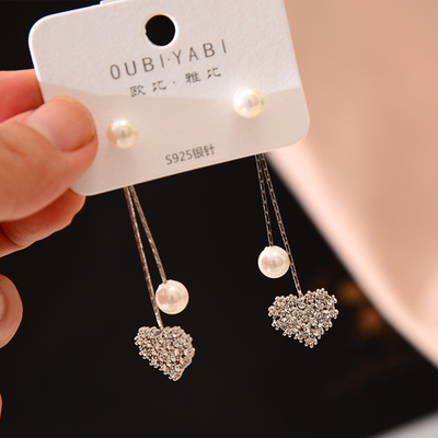 仙女风925银针心形流苏长款耳环