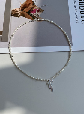 防过敏不掉色 韩版小清新甜美风珍珠蝴蝶结吊坠项链 日常百搭简约