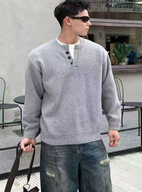 老钱风亨利领卫衣男灰色宽松简约高级感加绒加厚休闲慵懒风流行潮
