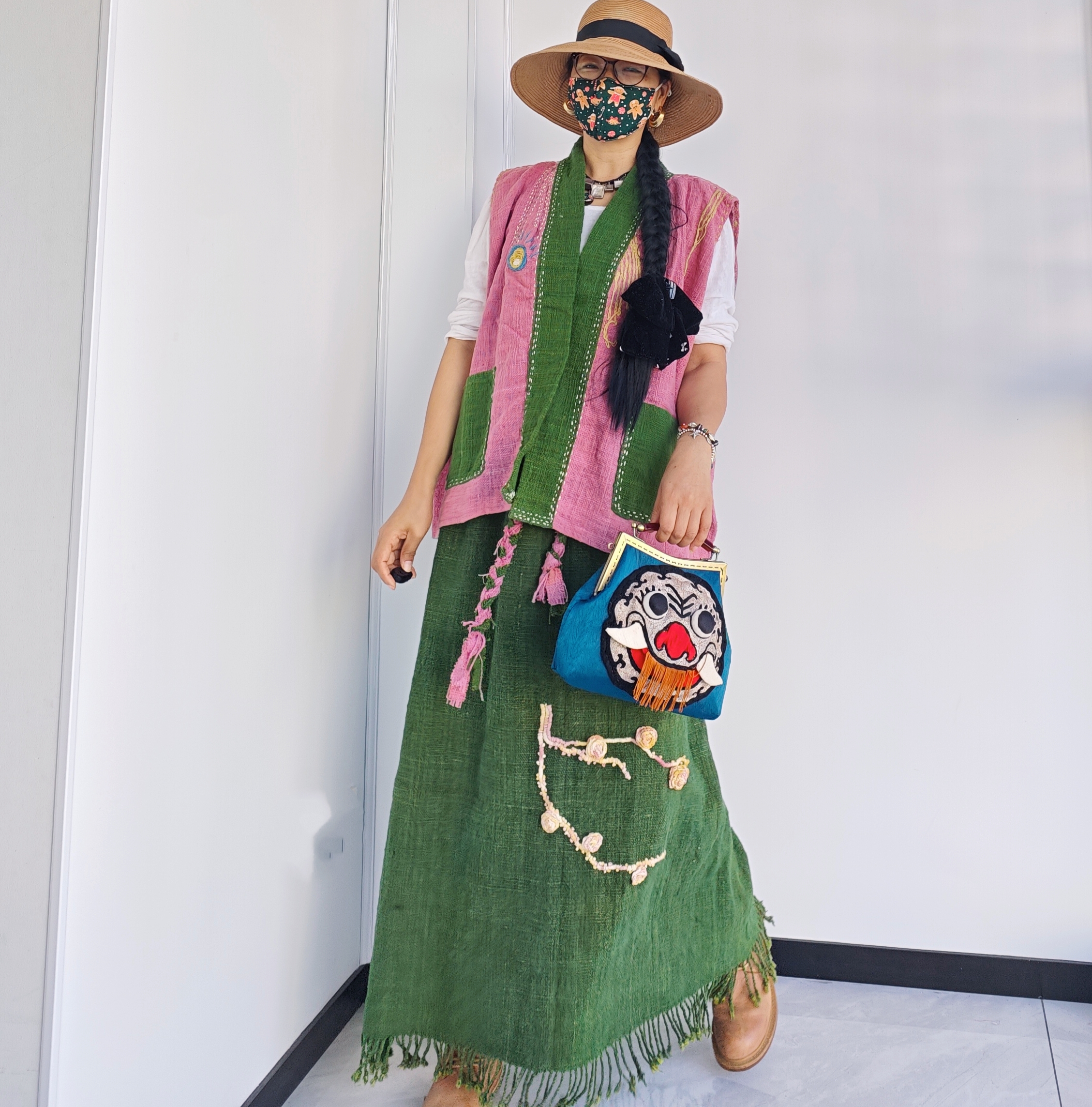 泰国纯棉花手织布手工刺绣撞色马甲无袖上衣