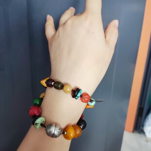 泰国设计师手工编织蜡绳非洲蜜蜡松石老琉璃老银多宝手链项链