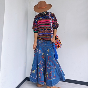 波普民族风古着羊毛宽松over size套头毛衣手工编织休闲打底衫