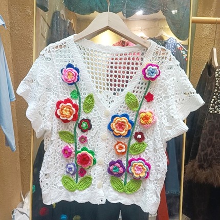 手工钩花彩色立体花针织开衫女夏季镂空透气V领百搭短袖小外套