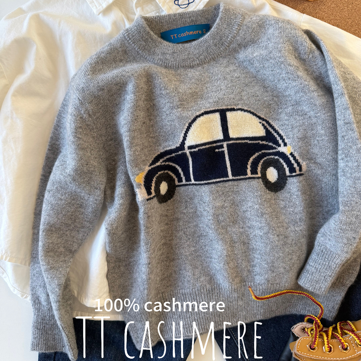 TTcashmere儿童山羊绒薄款卡通针织衫提花男童套头百搭毛衣