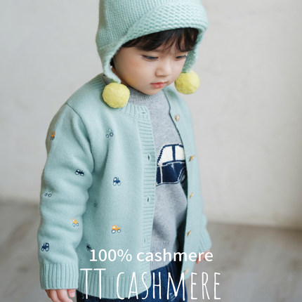 TTcashmere儿童新款双股小汽车刺绣纯山羊绒男女童柔软卡通外套