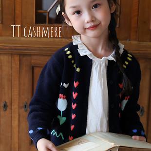 TTcashmere 纯山羊绒毛衣开衫电脑提花爱心毛衣女童可爱开衫