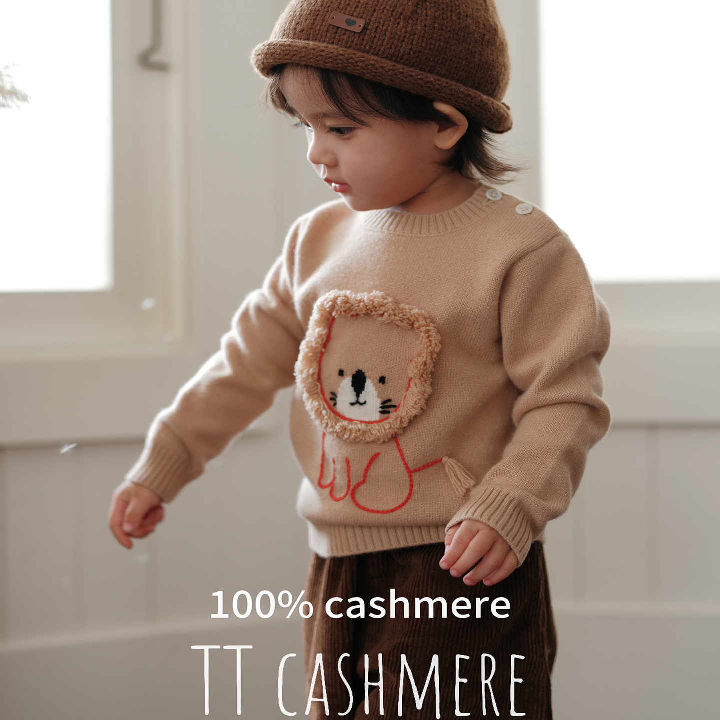 TT cashmere新款双股软糯羊绒衫男女可爱小狮子卡通圆领针织套衫