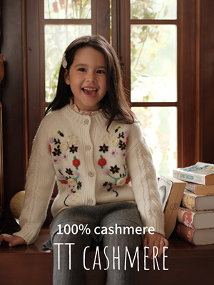 TTcashmere 女童六股秋冬山羊绒毛衣加厚手工绣花针织开衫柔软