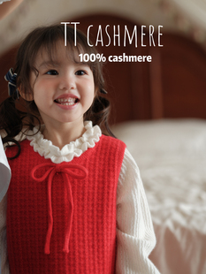 TTcashmere女童新年款山羊绒法式红色拜年儿童羊绒衫两件套