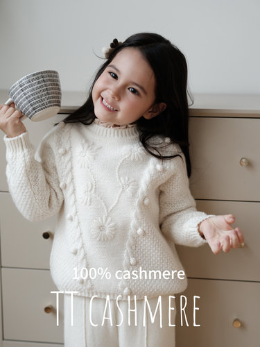 TT cashmere女童三股山羊绒加厚保暖针织衫复古手工绣圆领上衣