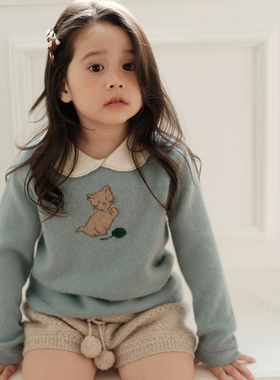 TTcashmere 山羊绒双股女童娃娃领提花可爱猫咪娃娃领羊绒衫