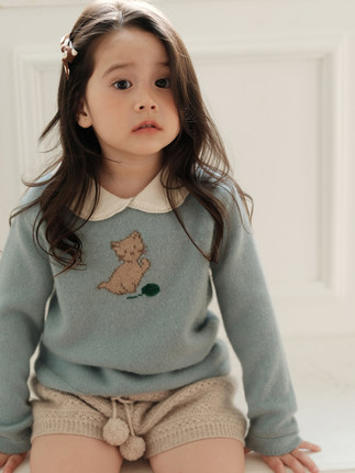 TTcashmere100%山羊绒双股女童娃娃领提花可爱猫咪娃娃领羊绒衫