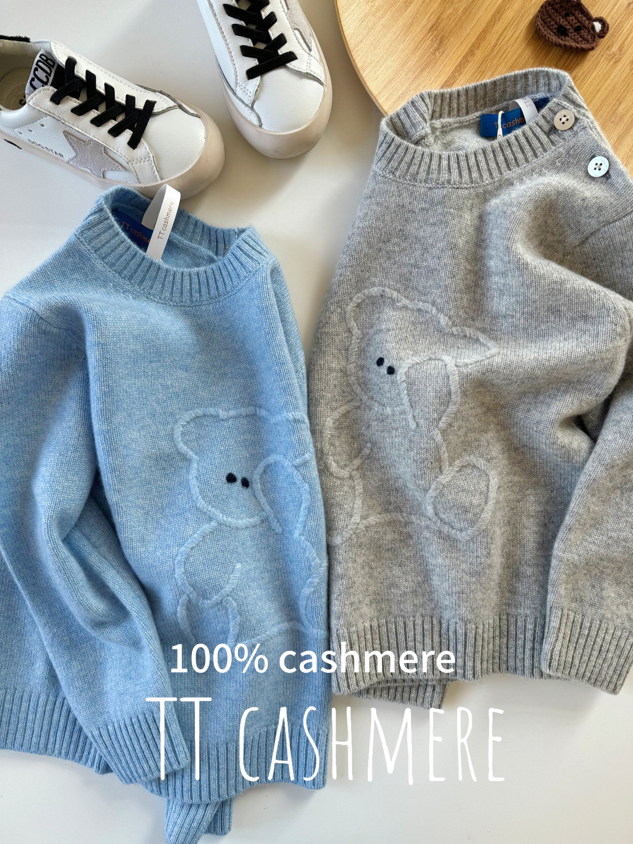 TT cashmere秋冬双股男女童山羊绒保暖加厚毛衣卡通宝宝斜肩扣