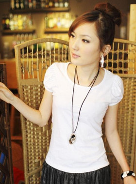 2026夏季新款修身短袖T恤 女韩版泡泡袖大码女装纯棉白色打底衫