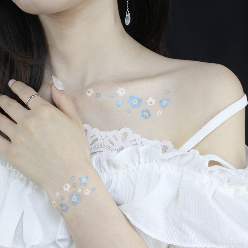 芊荨新品 超仙白色花朵淡雅蓝色花 仙女纹身贴防水脸贴锁骨手腕贴