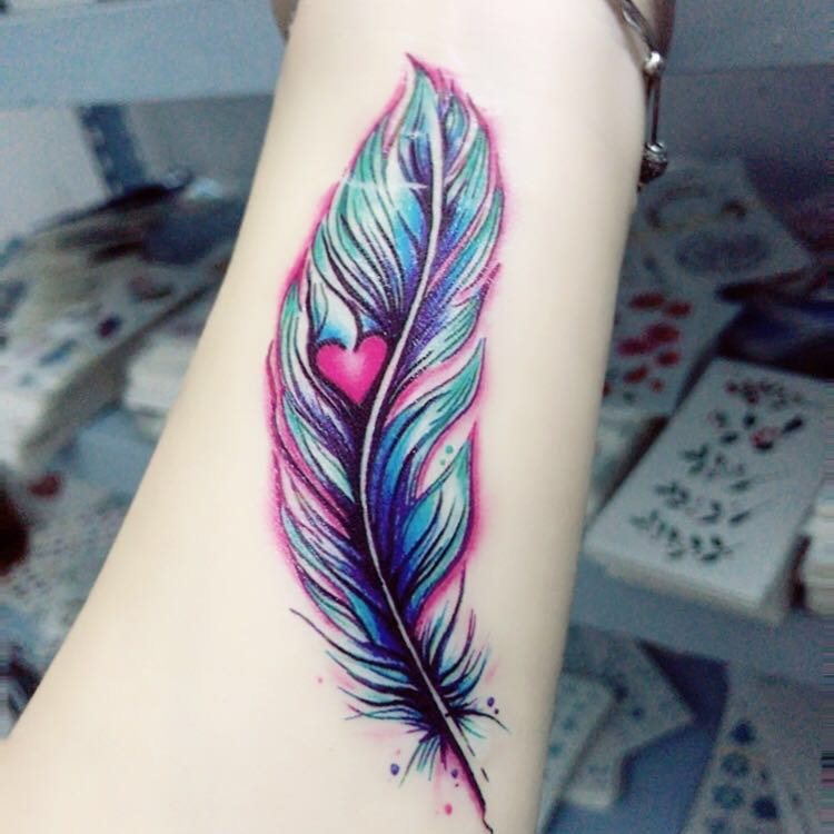 9元包邮 手绘蓝紫色孔雀羽毛爱心 防水彩色纹身贴纸男女遮疤