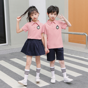 粉色英伦风校服套装 小学生班服夏季 儿童纯棉毕业表演服幼儿园园服