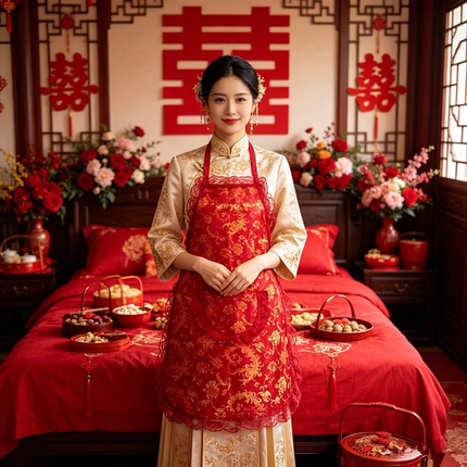 中式婚礼红围裙喜庆蕾丝款陪嫁婚庆喜字围裙新娘下厨大红蕾丝罩衣
