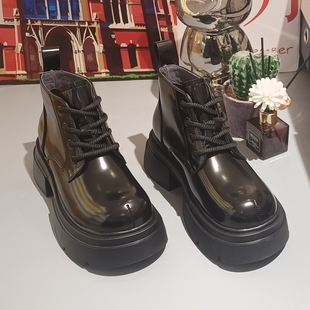 M60女靴真皮女靴2023秋款 粗跟娃娃头英伦风马丁靴系带切尔西正品