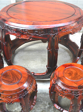红木家具 老挝大红酸枝鼓桌鼓凳7件套 红木圆餐桌 实木餐桌