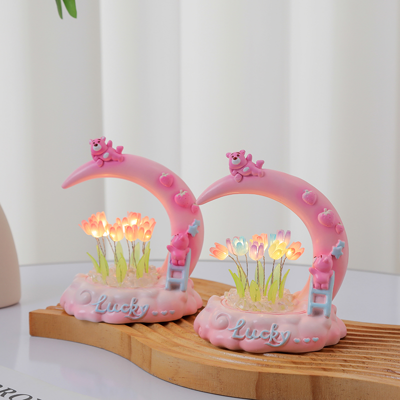 月亮小熊郁金香小夜灯摆件送女生