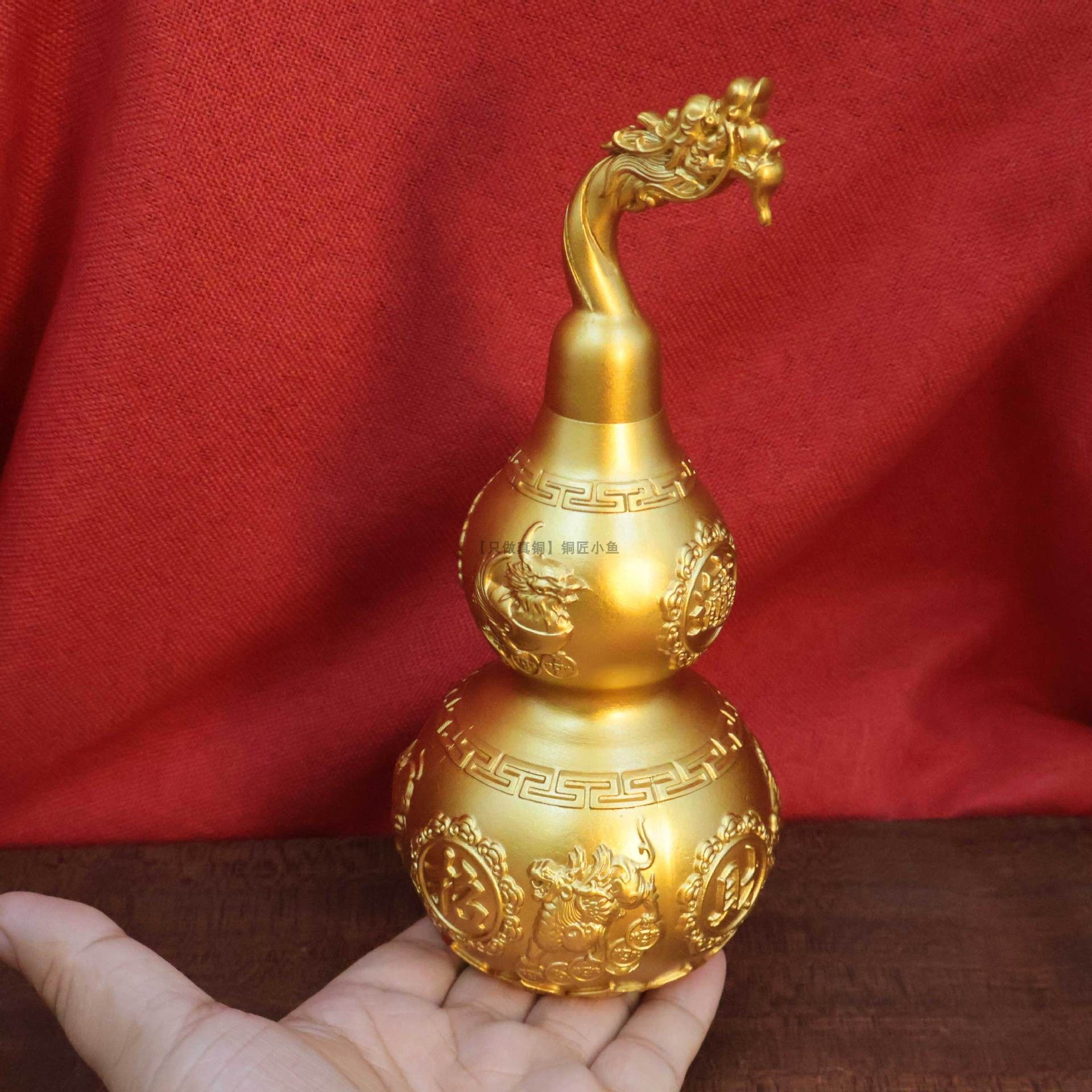 全黄铜龙头葫芦招财进宝开口空心纯铜大葫芦龙头貔貅葫芦客厅摆件