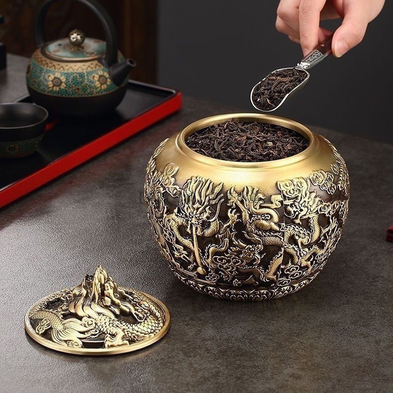 龙行天下纯黄铜九龙茶叶罐储茶罐
