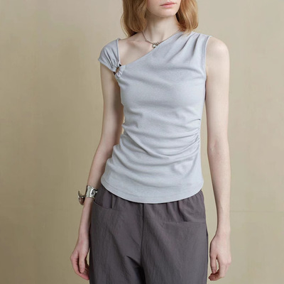 someone sometimes原创设计感不规则单肩斜肩针织背心上衣女短袖