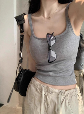 辣妹上衣夏季设计感方领美背内搭外穿带胸垫遮副乳吊带背心女外穿