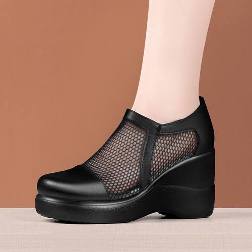 真软皮网纱镂空坡跟百搭单鞋女