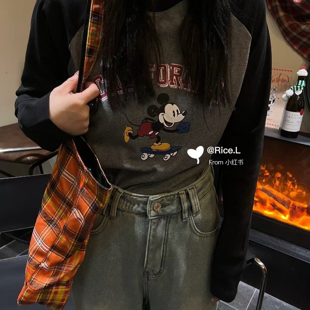 UHD马蹄子 卡通印花米奇滑板狗长袖T恤女加厚保暖软糯撞色打底衫