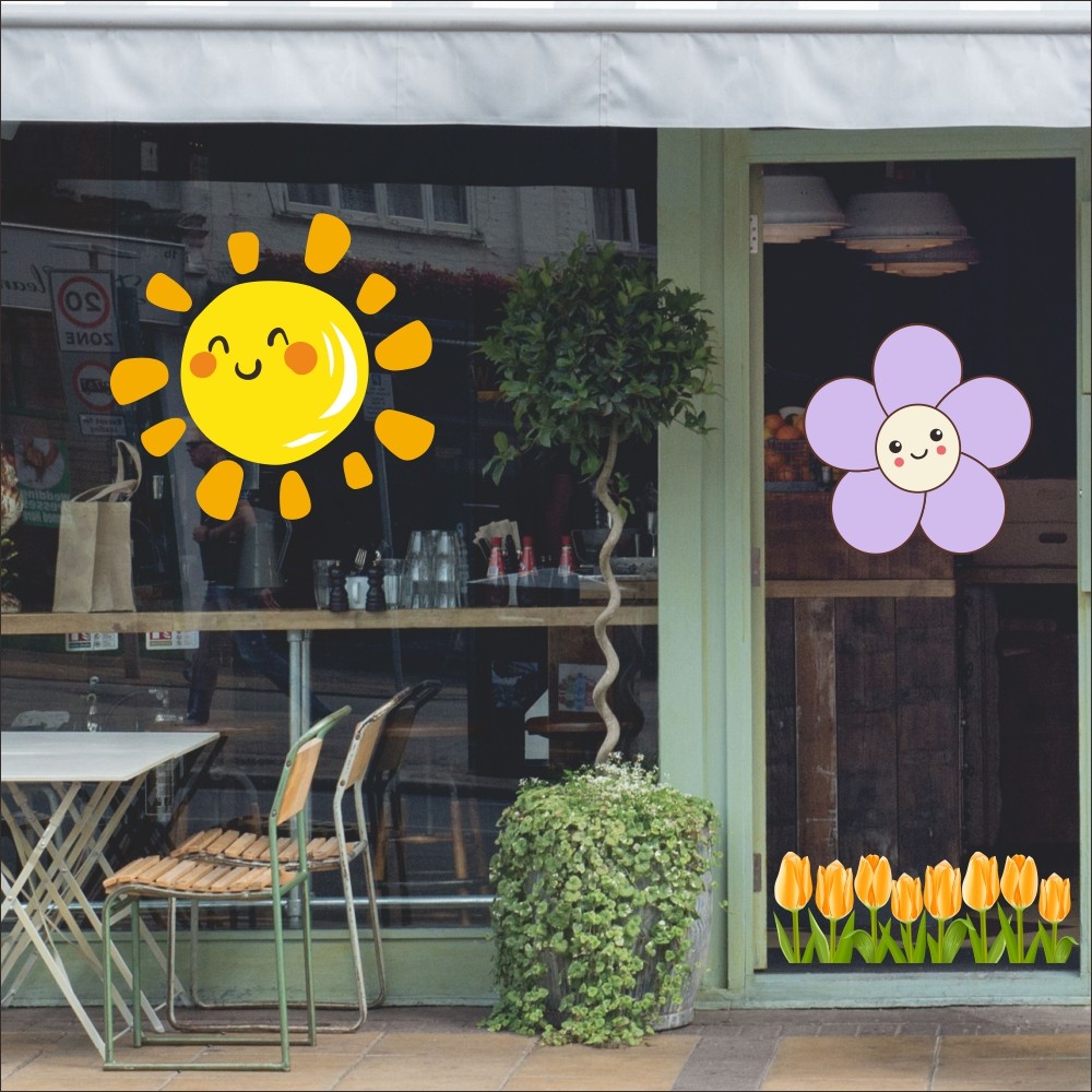 ins网红太阳小花笑脸贴纸服装奶茶店铺玻璃橱窗玻璃门创意静电贴,家居饰品,软装墙贴,淘宝优惠券,粉丝福利购,淘宝优惠卷