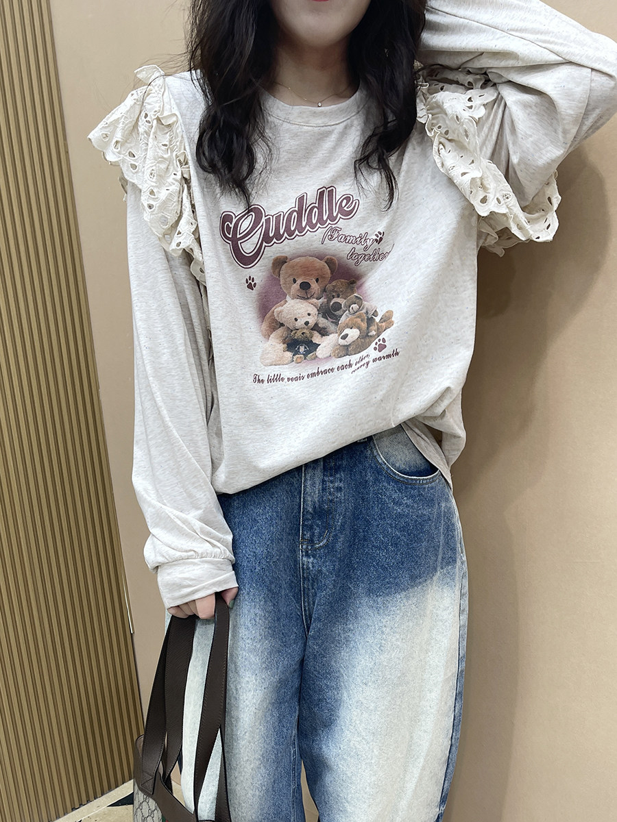 superxue2024春装新款韩版宽松休闲长袖拼接圆领t恤女印花上衣