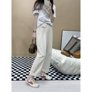 直筒长裤 superxue 高腰显瘦百搭宽松休闲裤 子女夏新款 杏色裤