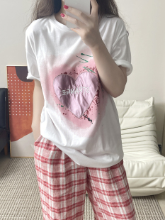 休闲爱心贴布短袖 superxue 韩版 新款 百搭纯棉印花t恤女 夏季