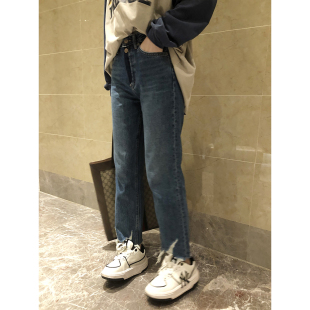 复古宽松显瘦毛边九分裤 女秋季 子 宽松直筒牛仔裤 superxue