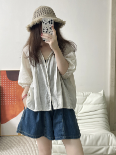 女宽松开扣简约衬衣 棉麻高品质杏色衬衫 superxue夏装 新款