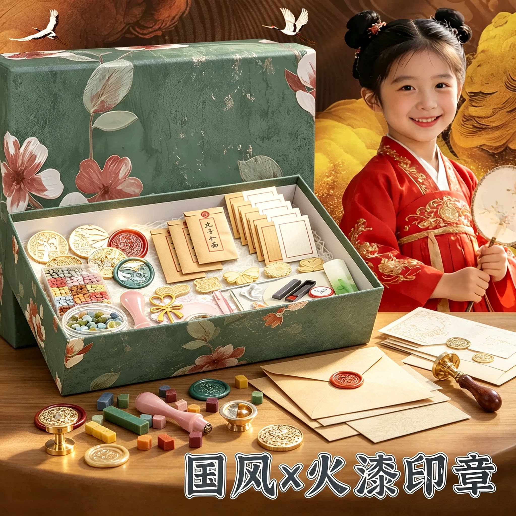 古风火漆印章套装礼盒装儿童女孩礼物新中式复古铜章头印章电熔炉图片