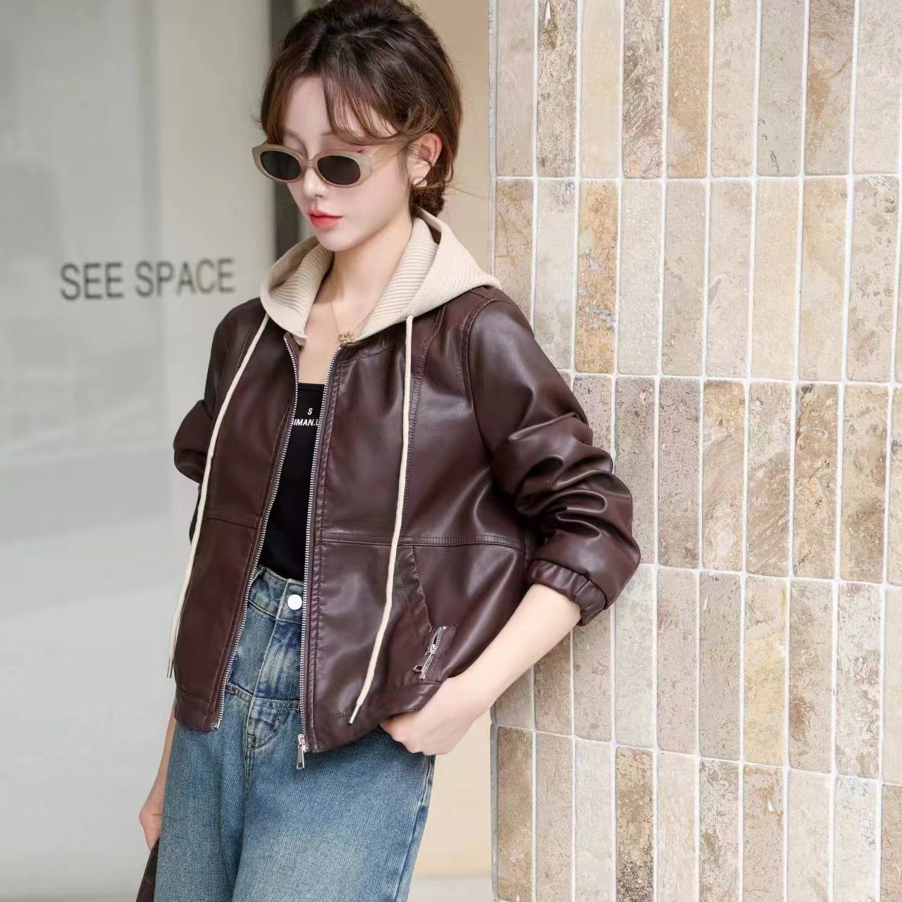 高级感皮衣短外套女2024宽松时尚个性超好看可拆针织帽皮夹克上衣,女装/女士精品,皮衣,淘宝优惠券,粉丝福利购,淘宝优惠卷