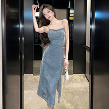 法式复古打底气质抹胸吊带牛仔连衣裙女2025夏季收腰显瘦开叉长裙