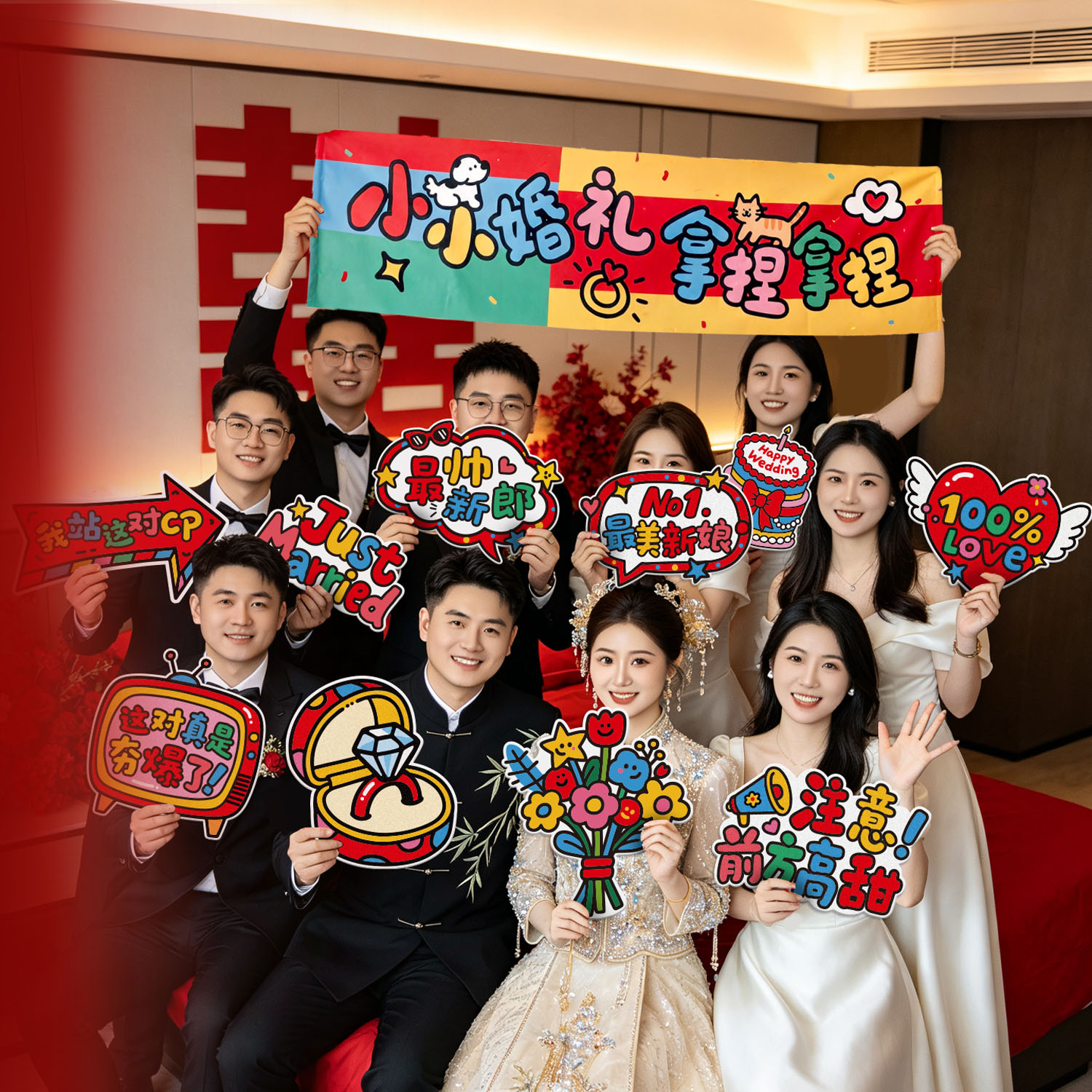 结婚拍照道具接亲小游戏婚礼创意氛围感手持拉旗kt板新娘套装横幅