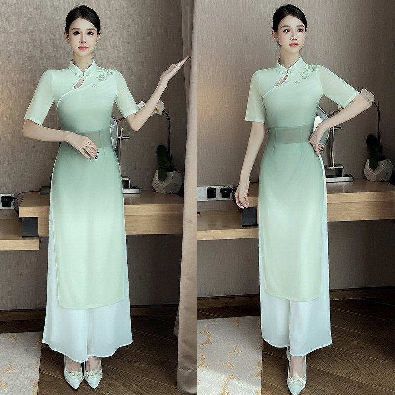 新中式绿色立领短袖连衣裙女酒店工作服气质显瘦足疗按摩spa制服