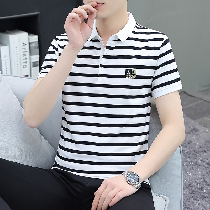 100%纯棉夏季短袖t恤男翻领纯棉polo衫男条纹潮流男装上衣搭配t血