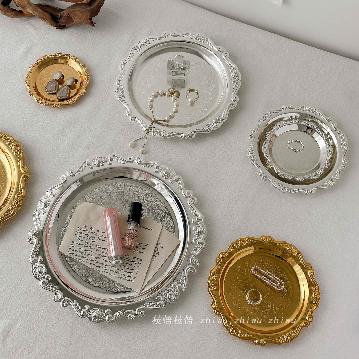 枝悟 南法复古金属托盘 法式宫廷风蛋糕盘 ins首饰陈列盘拍照道具
