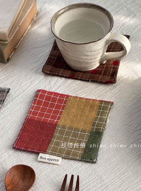枝悟 复古乡村棉布杯垫 中古美拉德色系隔热垫 咖啡店氛围装饰垫