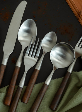 枝悟 中古风实木餐具 法式复古圆柄刀叉勺文艺家用甜品咖啡勺