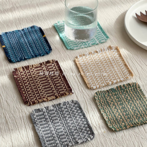 北欧拼色流苏杯垫ins布艺装饰垫